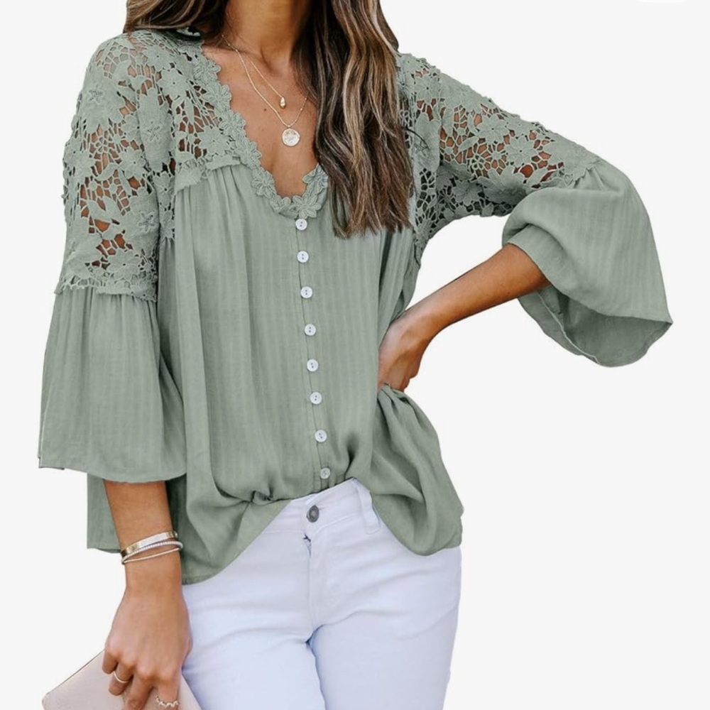 Canikat Women's V Neck Lace Crochet Flowy Bell Sleeve Button Down Casual